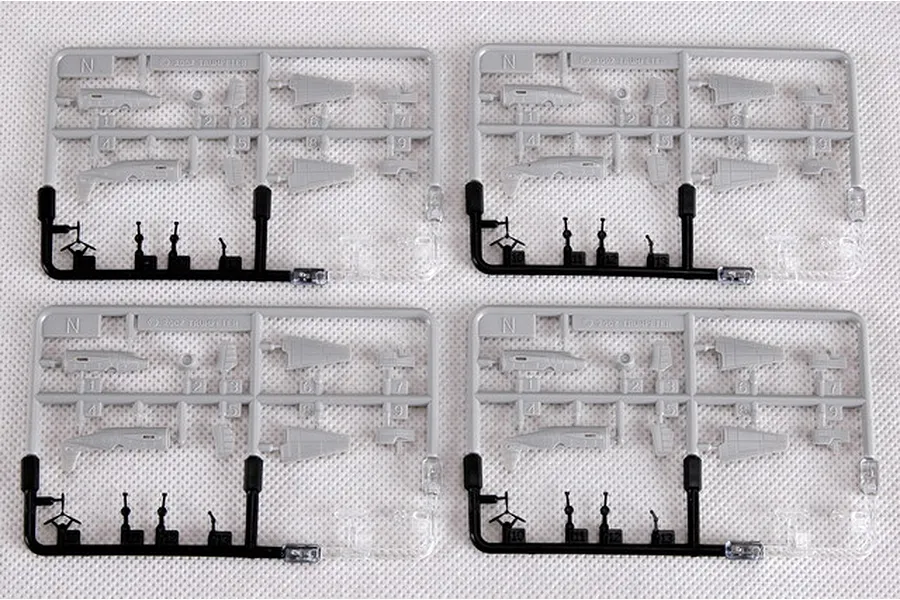 Four identical grey plastic model kit sprues labeled N, containing small aircraft parts for a 1/350 scale model.