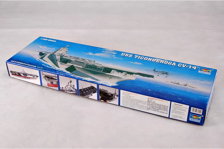 Trumpeter 1/350 scale USS Ticonderoga CV-14 aircraft carrier plastic model kit box on a white background.