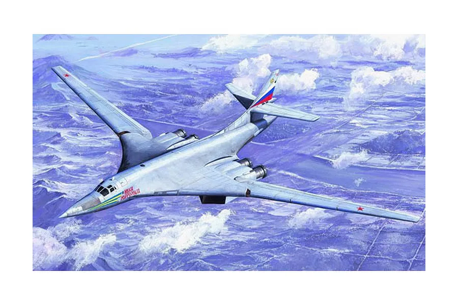 An artistic illustration of a Russian Tu-160 Blackjack strategic bomber flying over a mountainous, snowy landscape.