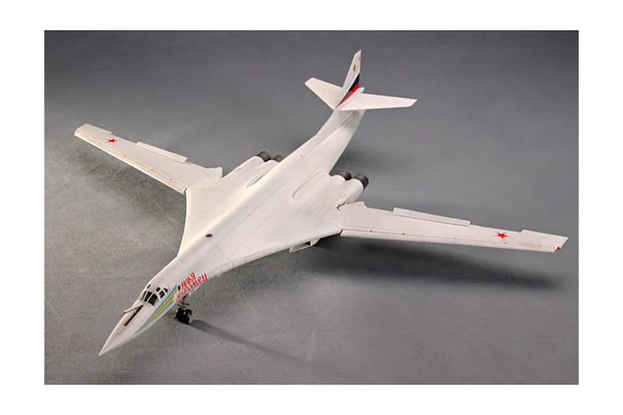 A fully assembled and painted 1/72 scale plastic model of a Russian Tu-160 Blackjack strategic bomber jet.