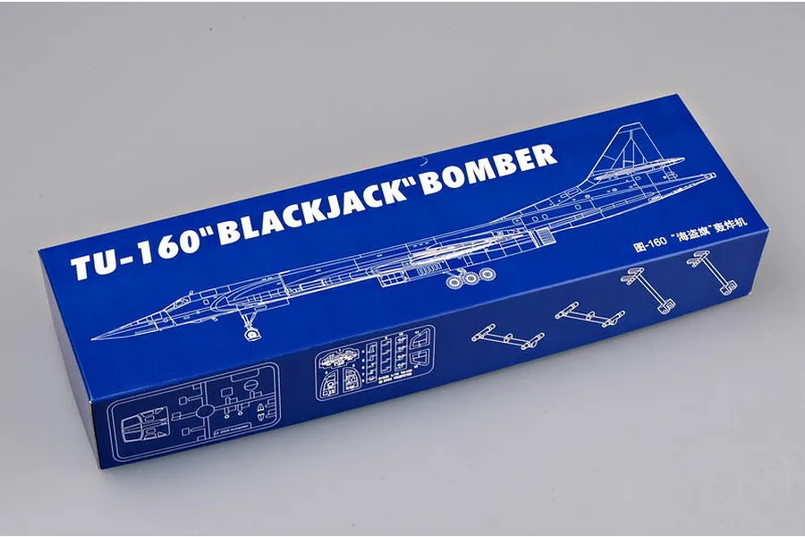 Trumpeter 1/72 scale TU-160 Blackjack Bomber plastic model kit box in blue with white line art illustrations.