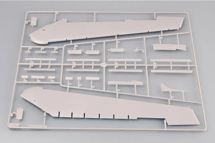 A grey plastic sprue containing model aircraft wing components for a Trumpeter 1/72 scale TU-160 Blackjack model kit.