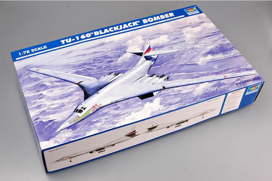 Trumpeter 1/72 scale TU-160 Blackjack Bomber plastic model kit box showing an illustration of the aircraft in flight over clouds.