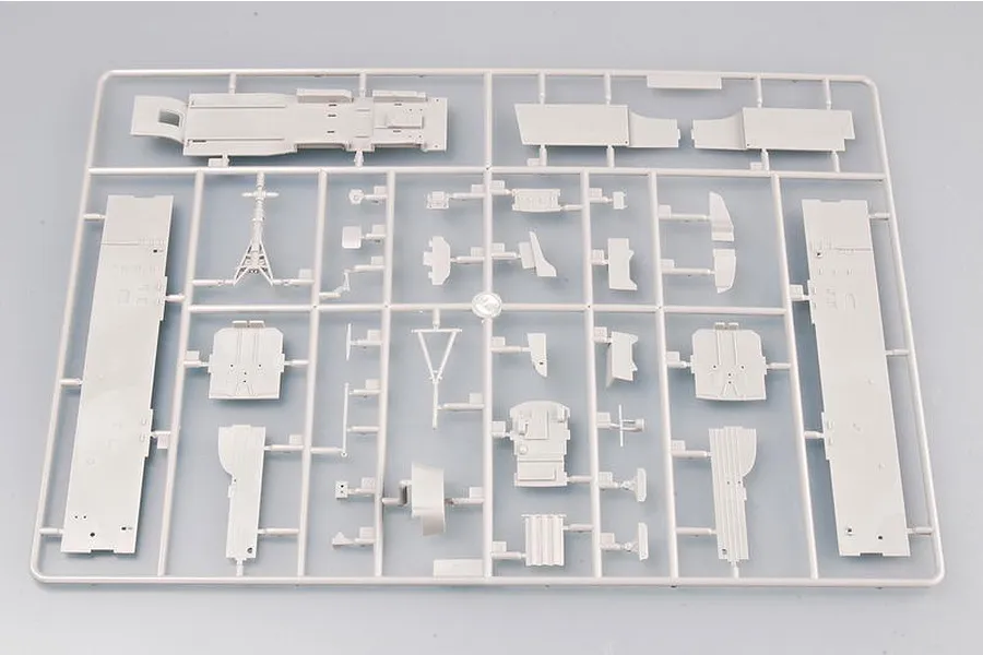 A grey plastic sprue containing various unpainted model aircraft parts for a 1/72 scale TU-160 Blackjack bomber model kit.