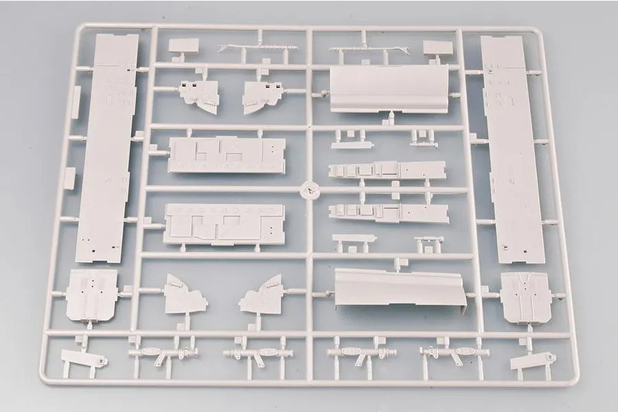 A light grey plastic sprue containing various unpainted model aircraft parts for a Trumpeter TU-160 Blackjack kit.