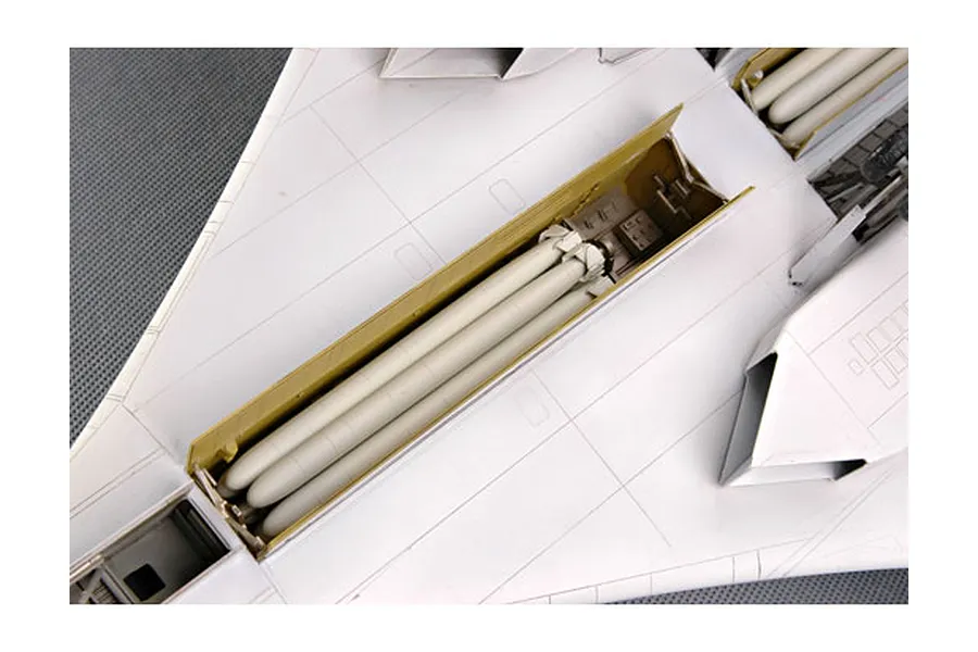 Close-up of the open weapons bay on a 1/72 scale Trumpeter Tu-160 Blackjack model aircraft, showing internal missiles.