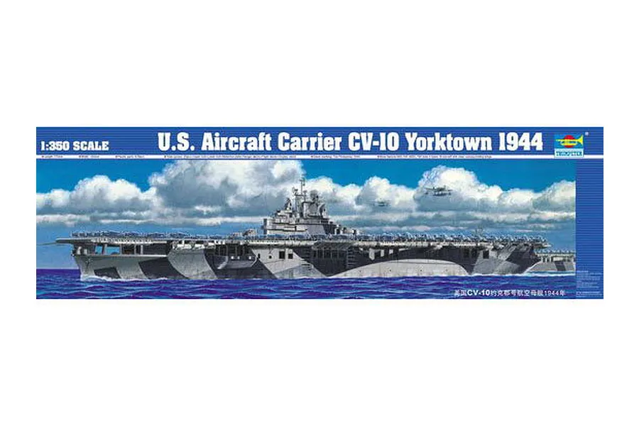 Box art for a Trumpeter 1/350 scale plastic model kit of the U.S. Aircraft Carrier CV-10 Yorktown 1944, featuring an illustration of the ship at sea.