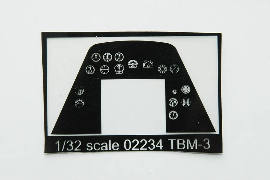 A black decal sheet for a 1/32 scale TBM-3 Avenger model aircraft, featuring instrument panel gauges and markings.