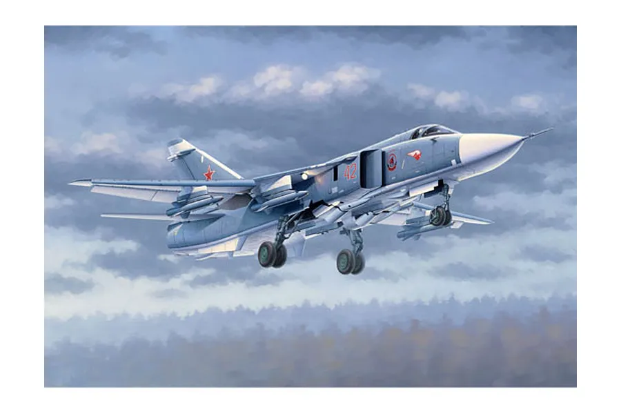 Box art illustration of a Soviet Su-24M Fencer-D jet aircraft in flight with landing gear down against a cloudy sky.