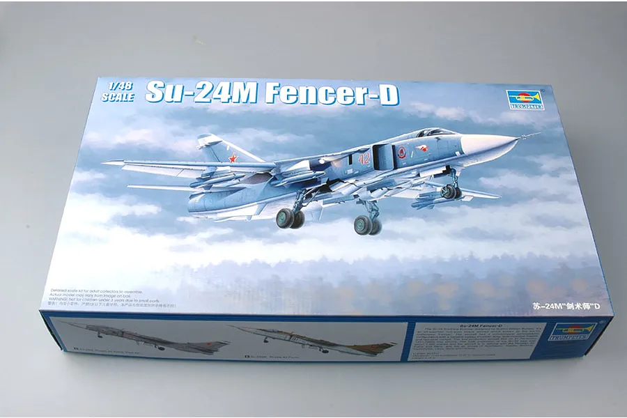 Trumpeter 1/48 scale Su-24M Fencer-D plastic model kit box showing artwork of the jet in flight.