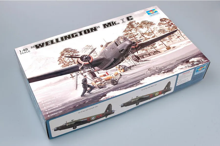 Trumpeter 1/48 scale Wellington Mk. IC plastic model kit box showing box art of a bomber on a snowy airfield.