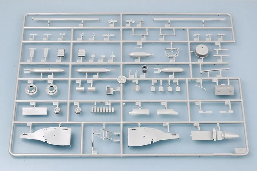 A grey plastic sprue containing various model aircraft parts for a 1/48 scale Wellington bomber kit.