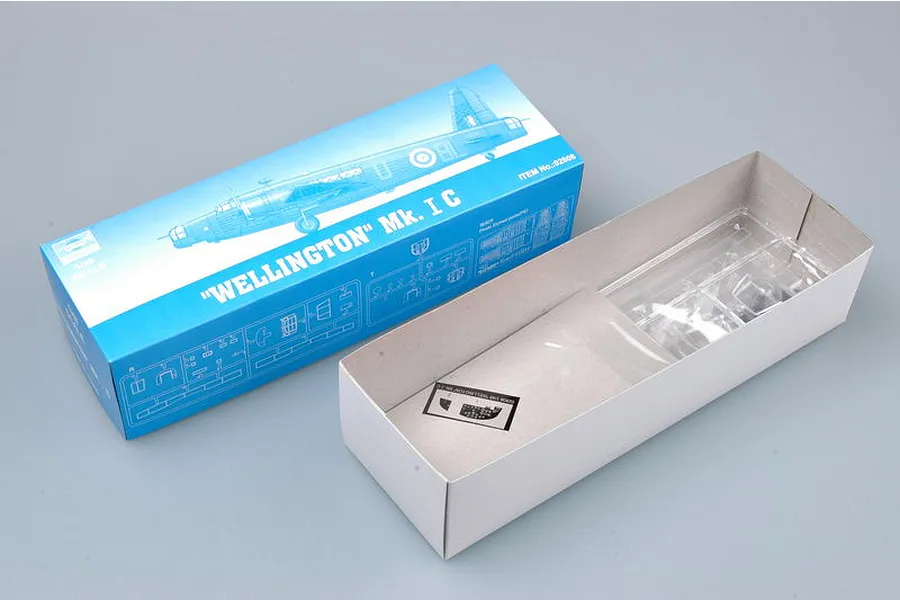 Trumpeter 1/48 scale British Wellington Mk. IC bomber model kit box and open tray with plastic parts.