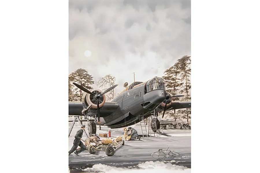 Box art illustration of a British Wellington bomber being loaded with bombs by ground crew on a snowy airfield.
