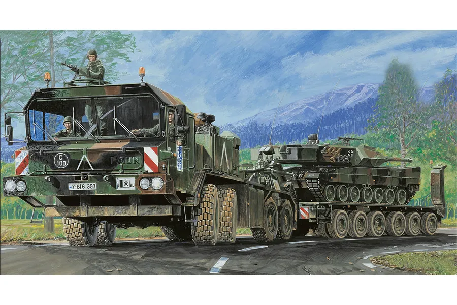 Box art illustration of a Trumpeter 1/35 scale German Faun SLT-56 tank transporter truck carrying a Leopard tank on a road.