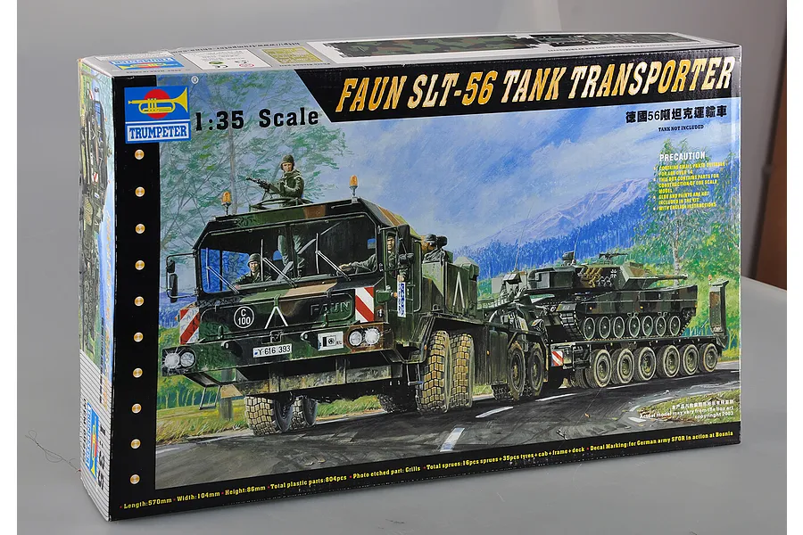 A Trumpeter 1/35 scale German Faun SLT-56 Tank Transporter model kit box, featuring box art of the truck carrying a tank on a road.
