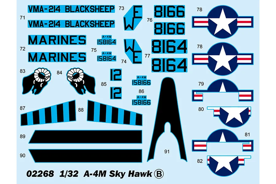 A decal sheet for a 1/32 scale Trumpeter A-4M Skyhawk model kit, featuring VMA-214 Blacksheep markings, US military insignia, and various identification numbers.