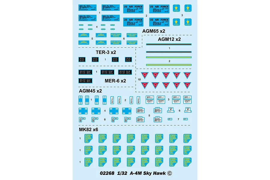 A decal sheet for a 1/32 scale Trumpeter A-4M Skyhawk model kit, featuring various stencils, warning labels, and markings for missiles and ordnance.
