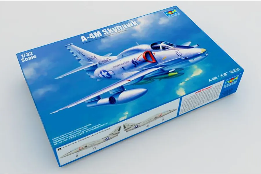 Trumpeter 1/32 scale A-4M Skyhawk plastic model kit box featuring an illustration of the aircraft in flight.