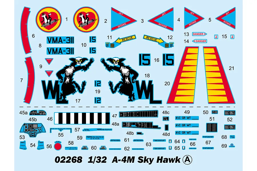 A decal sheet for a 1/32 scale Trumpeter A-4M Skyhawk model kit, featuring various military insignias, warning labels, and cockpit instrument panel details.