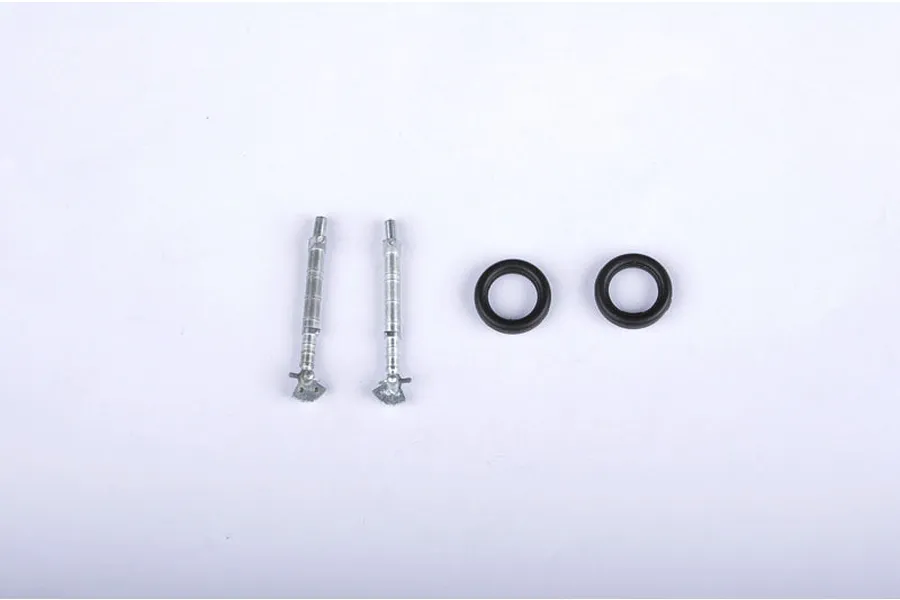 Two metal landing gear struts and two black rubber tires for a 1/32 scale model aircraft kit.