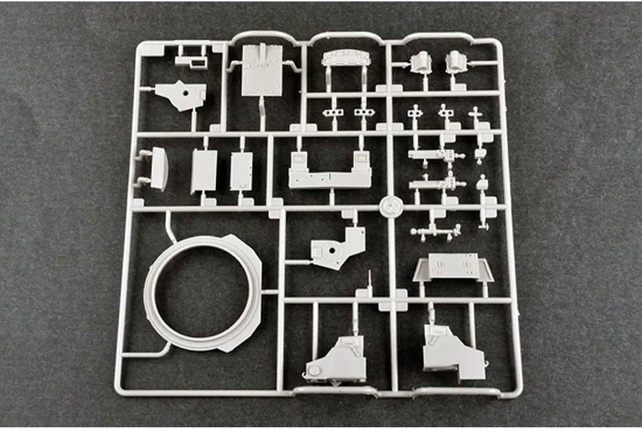 A grey plastic sprue containing various model tank parts for the Trumpeter 1/35 Russian BMPT-72 Terminator-2 kit.