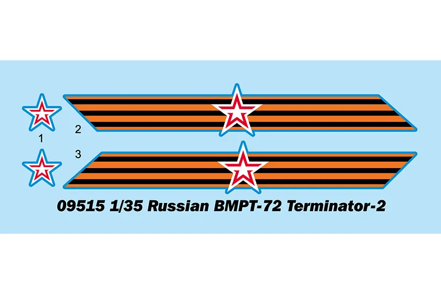 A digital decal sheet for the Trumpeter 1/35 Russian BMPT-72 Terminator-2 model kit, featuring two Saint George ribbon stripes with red stars and two small stars.
