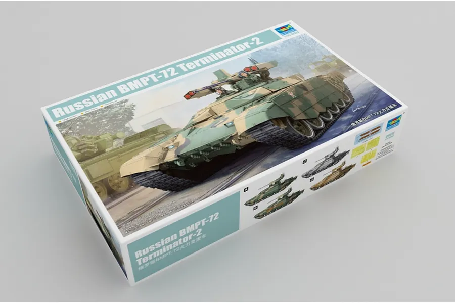 Trumpeter 1/35 scale Russian BMPT-72 Terminator-2 model kit box featuring artwork of the tank in a camouflage paint scheme.