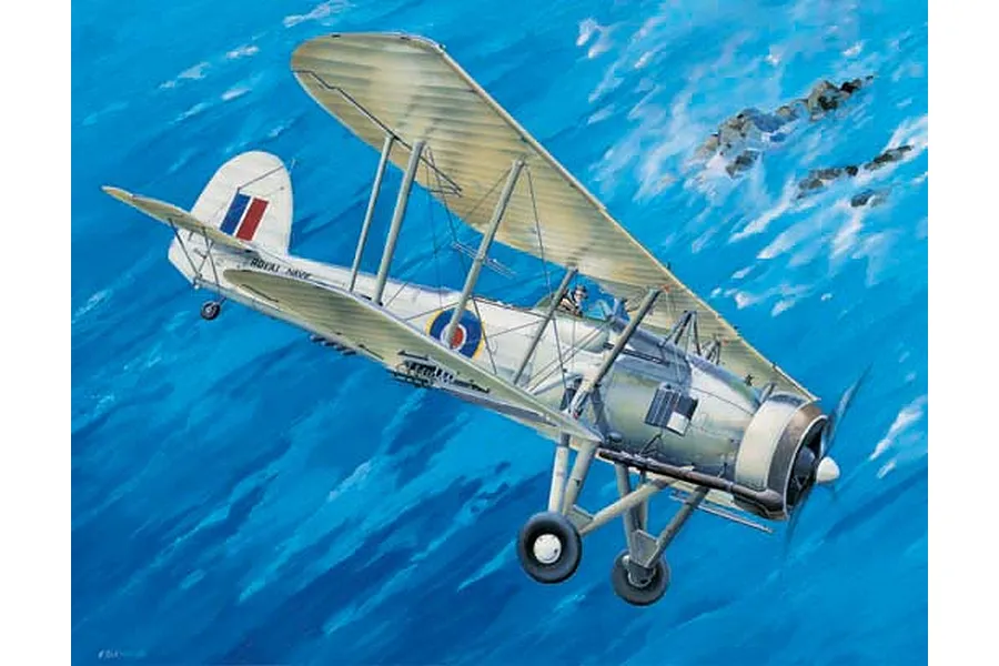An illustration of a Fairey Swordfish biplane flying over a blue sea, featuring Royal Navy markings on the fuselage and tail.