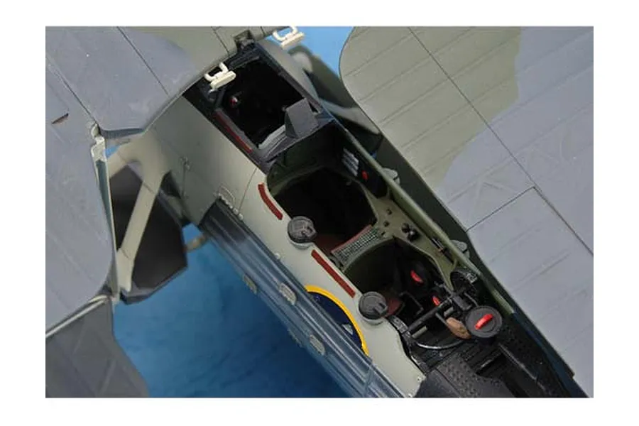 Close-up of the detailed cockpit interior of a 1/32 scale Fairey Swordfish model aircraft kit.