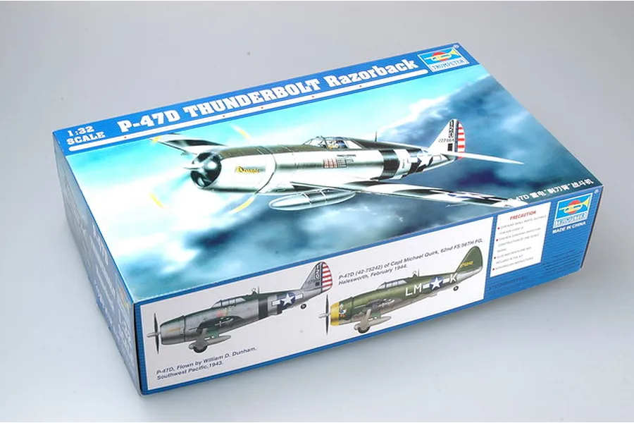 Trumpeter 1/32 scale P-47D Thunderbolt Razorback plastic model kit box showing artwork of the aircraft in flight and side profiles.