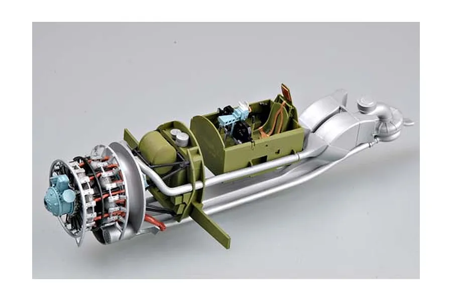 Assembled plastic model kit showing the internal engine, cockpit, and fuselage structure of a P-47 Thunderbolt fighter plane.