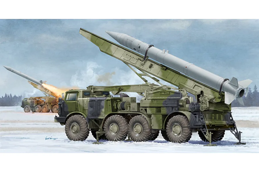 Box art illustration of a Russian 9P113 TEL missile launcher truck with a 9M21 missile in a snowy landscape.