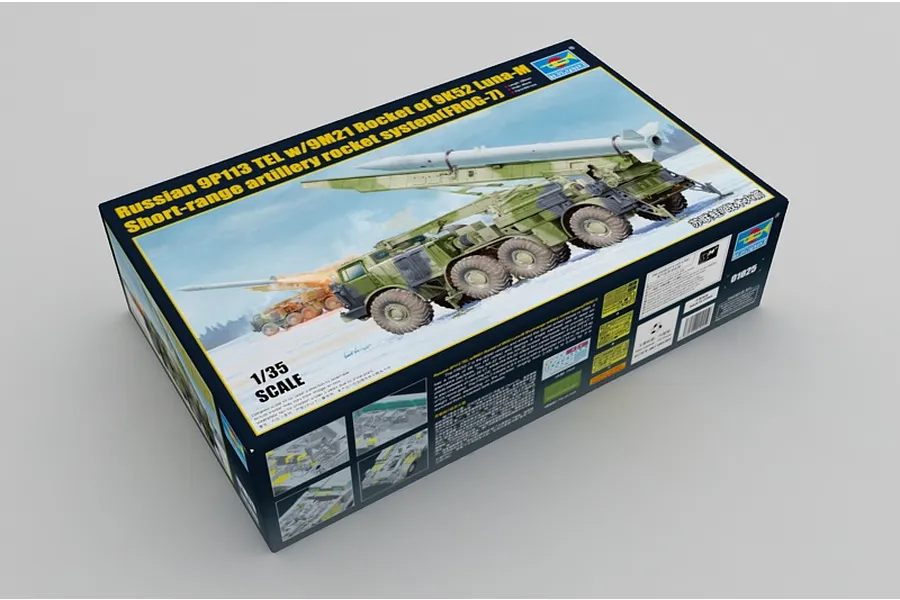 Trumpeter 1/35 scale Russian 9P113 TEL with 9M21 rocket model kit box, showing artwork of the military vehicle on a snowy landscape.
