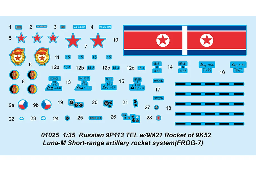 A decal sheet for a 1/35 scale Trumpeter 9P113 TEL model kit, featuring various national insignias, instrument gauges, and technical markings.