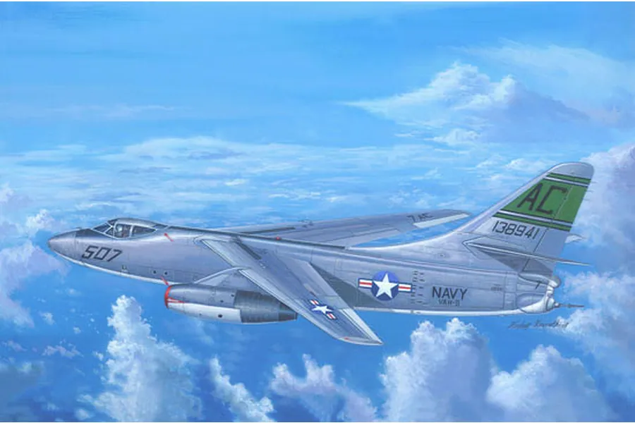 An artistic illustration of a US Navy A-3D-2 Skywarrior aircraft flying through a blue sky with white clouds.