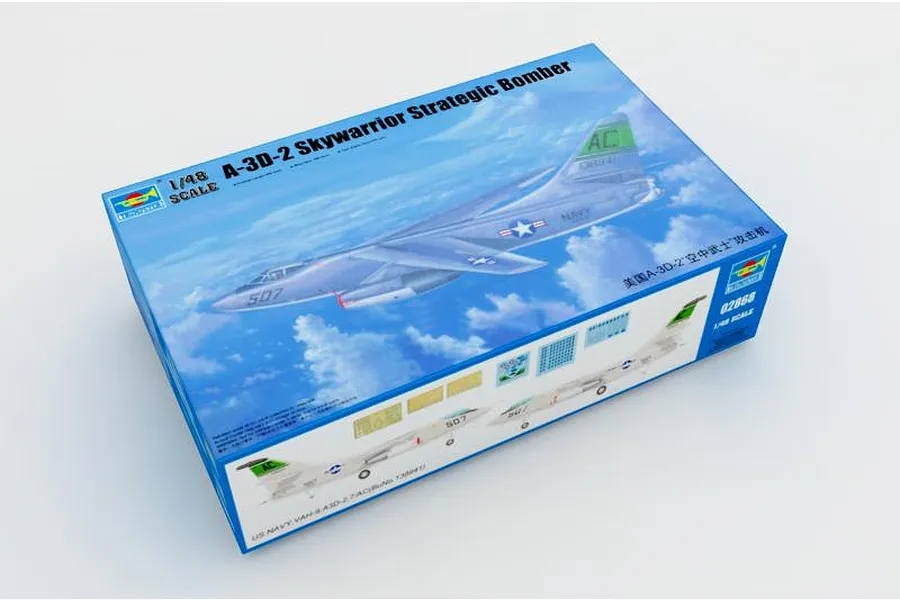Trumpeter 1/48 scale A-3D-2 Skywarrior Strategic Bomber plastic model kit box showing artwork of the aircraft in flight.