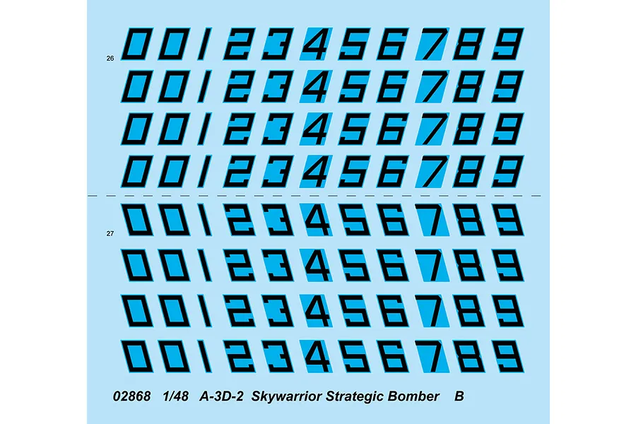 A decal sheet for the Trumpeter 1/48 A-3D-2 Skywarrior model kit, featuring rows of black slanted numbers 0-9 on a light blue background.