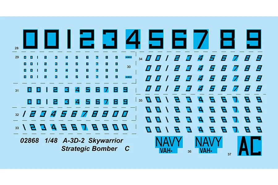 A decal sheet for a 1/48 scale Trumpeter A-3D-2 Skywarrior model kit, featuring various numbers, Navy markings, and identification codes.