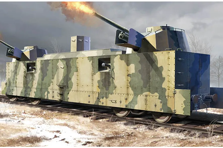 An artistic illustration of a Soviet PL-37 light artillery armoured train wagon firing its cannons on a snowy railway track.