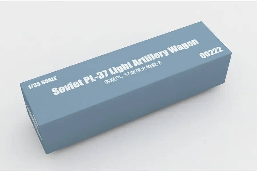 A blue rectangular model kit box for the Trumpeter 1/35 Soviet PL-37 Light Artillery Wagon, model number 00222.