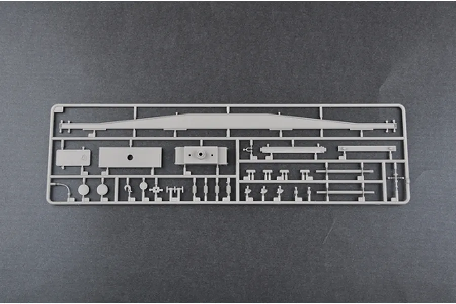 A grey plastic model kit sprue containing various small parts for a 1/35 scale Soviet PL-37 armoured train model.
