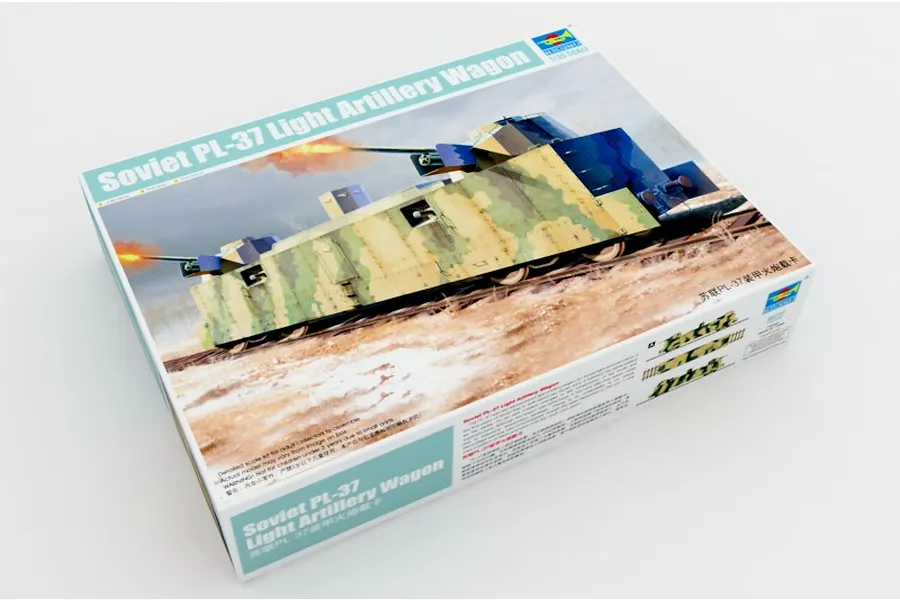 Trumpeter 1/35 scale Soviet PL-37 Light Artillery Wagon model kit box, featuring artwork of the armoured train on a snowy landscape.