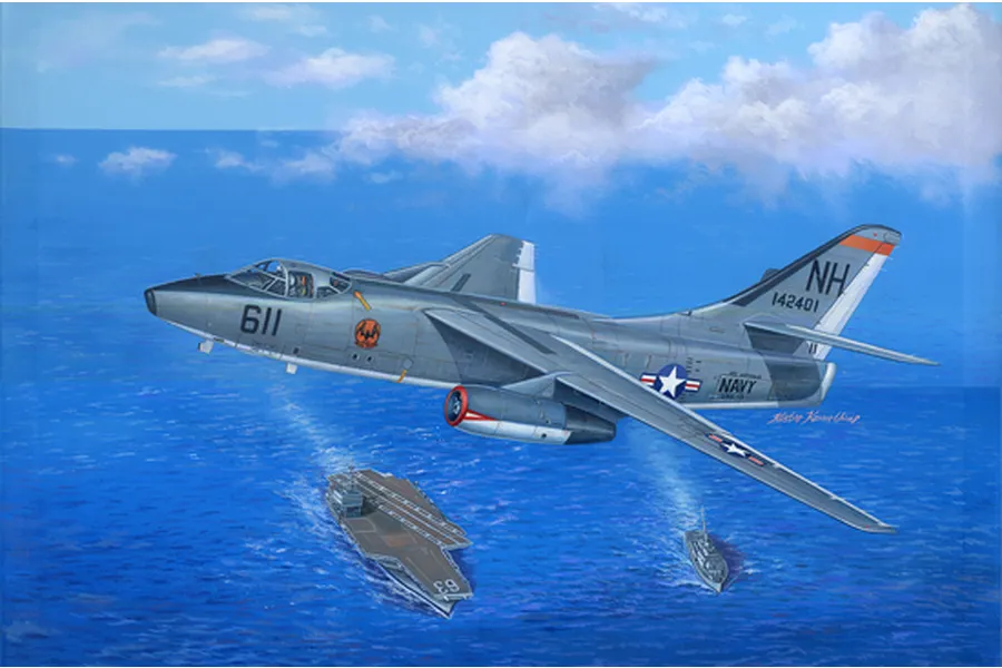 Box art illustration of a US Navy EA-3B Skywarrior aircraft flying over an aircraft carrier and a smaller naval ship at sea.