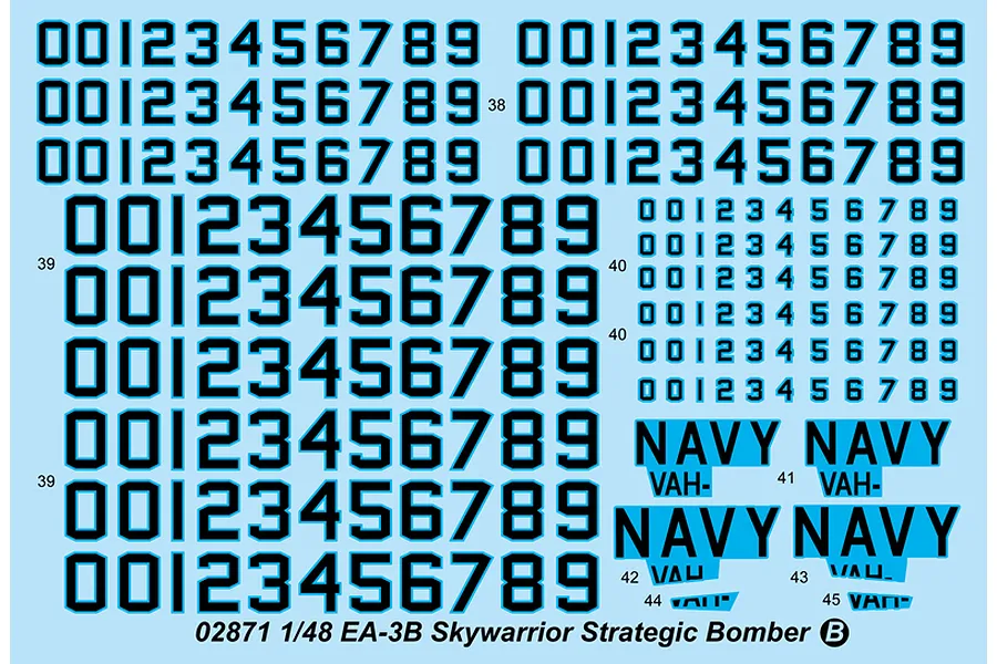 A decal sheet for a 1/48 scale Trumpeter EA-3B Skywarrior model kit, featuring various black numbers and the word NAVY on a light blue background.