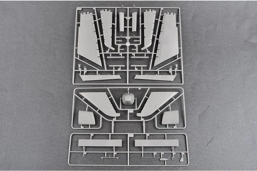 Grey plastic model kit sprue containing aircraft wing and fuselage components for a 1/48 scale Trumpeter EA-3B Skywarrior model.