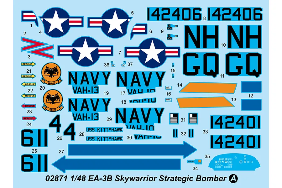 A sheet of waterslide decals for a 1/48 scale Trumpeter EA-3B Skywarrior model kit, featuring US Navy insignia, squadron markings, and serial numbers.