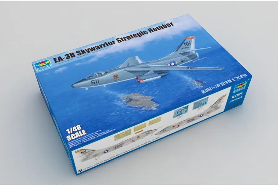 Trumpeter 1/48 scale EA-3B Skywarrior Strategic Bomber plastic model kit box showing artwork of the aircraft flying over an aircraft carrier.