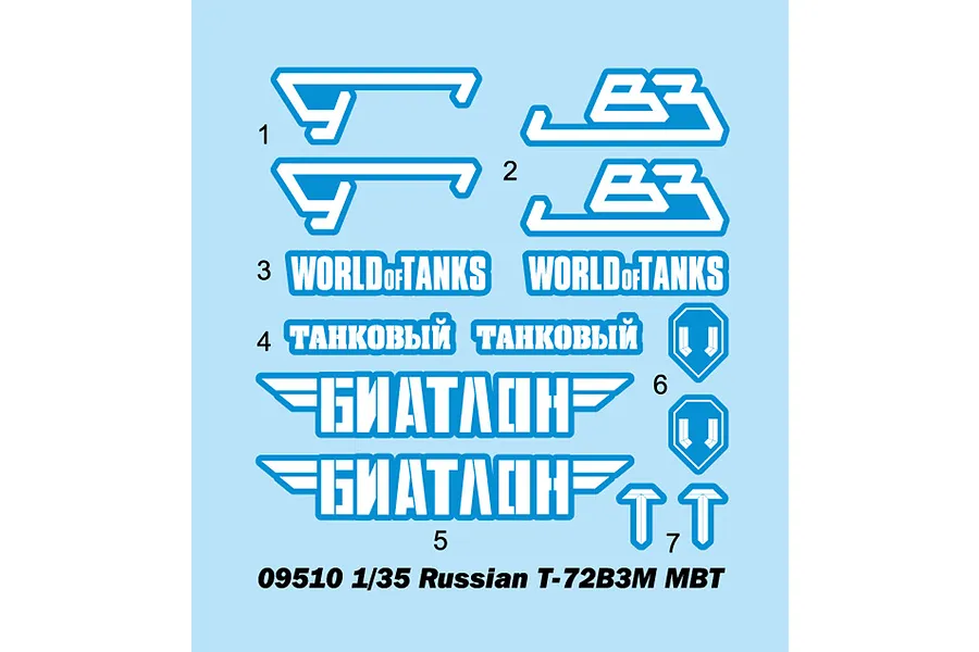 A decal sheet for the Trumpeter 1/35 Russian T-72B3M model kit, featuring various World of Tanks and biathlon-themed markings on a light blue background.