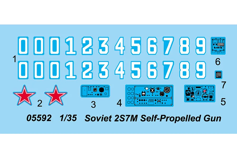A decal sheet for a 1/35 scale Trumpeter Soviet 2S7M self-propelled gun model kit, featuring numbers, red stars, and instrument panel details.